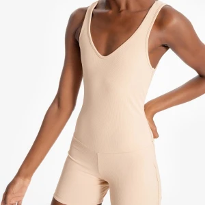 Private label deep v neck yoga shorts sets ribbed backless yoga jumpsuits