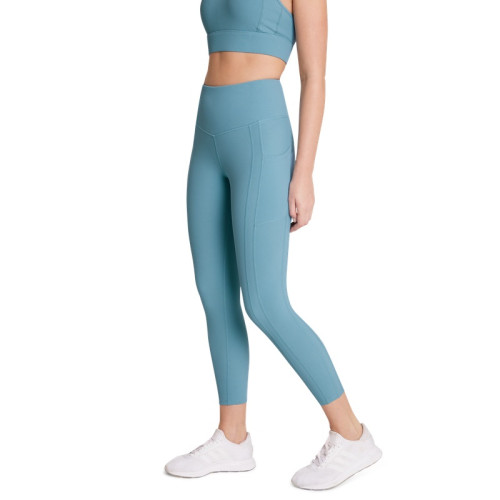 Custom high waisted ribbed yoga leggings with side pockets ankle length fitness tights