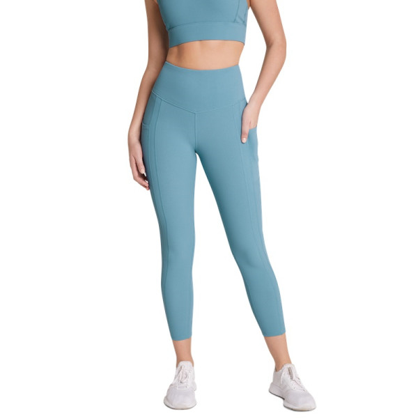Custom high waisted ribbed yoga leggings with side pockets ankle length fitness tights