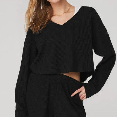 Womens 2023 Simple V neck Long Sleeve shirts Casual Ribbed Pullover Sweatshirts Tops