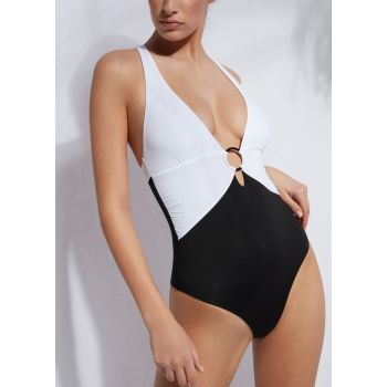 Wholesale one piece sevy V neck color block swimsuits backless beachwear for women
