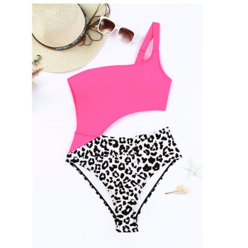 WSWT14 Custom Logo Sexy Asymmetrical One-Shoulder Leopard Color Block Swimwear Women One Piece Swimsuits
