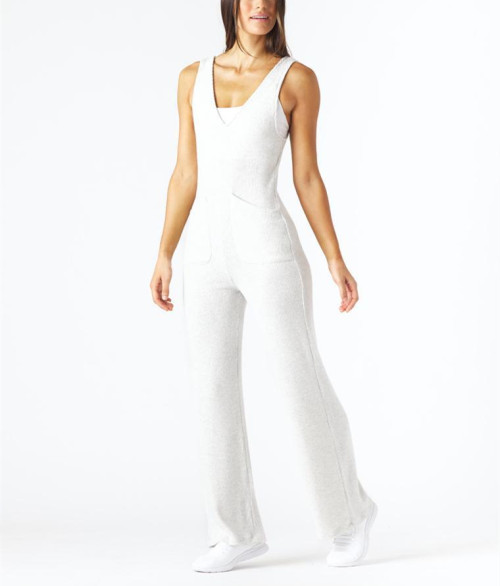 Wholesale V neck one piece jumpsuits with side pockets 100% cotton loungewear