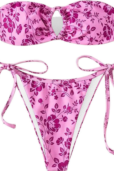 WSWT13 Print Ladies Bandeau Swimsuit Side-Tie Thong Bottom Hollow Out Sexy Bikini Set