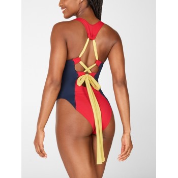 Custom color block crew neck one piece swimsuits cross back beachwear