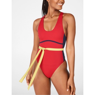 Custom color block crew neck one piece swimsuits cross back beachwear