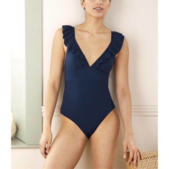 Custom Sexy Vneck Solid Color Blank Bikini One Piece Swimsuit Women Ruffle Strap V Neck Backless Swimwear One-Piece Beachwear
