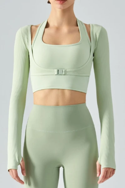 The Ribbed Faux Layered Halter Neck Cropped Sports Top
