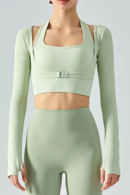 The Ribbed Faux Layered Halter Neck Cropped Sports Top