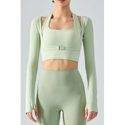 The Ribbed Faux Layered Halter Neck Cropped Sports Top