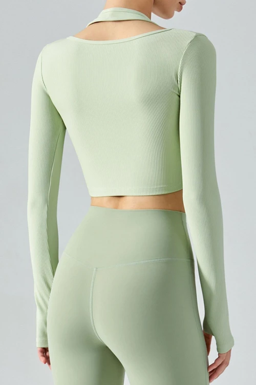 The Ribbed Faux Layered Halter Neck Cropped Sports Top