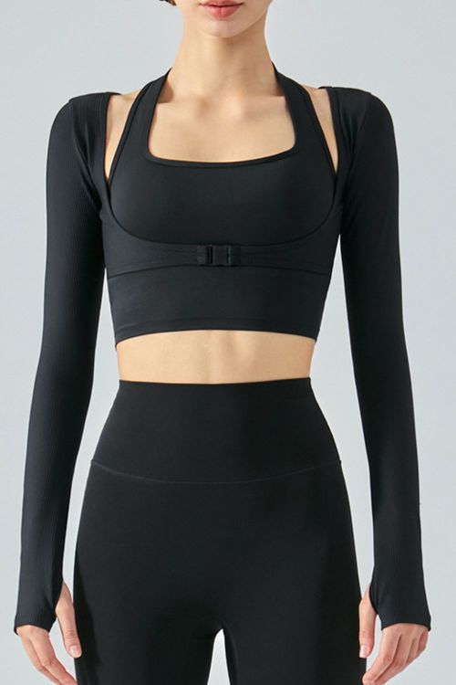 The Ribbed Faux Layered Halter Neck Cropped Sports Top