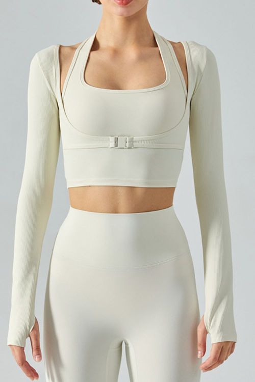 The Ribbed Faux Layered Halter Neck Cropped Sports Top