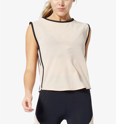 Mesh Sleeveless Active Top Contrast Trim Cropped Loose Workout Tank