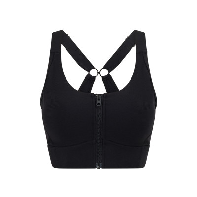 Versatile sports bra with zipper, adjustable straps, and clasp.