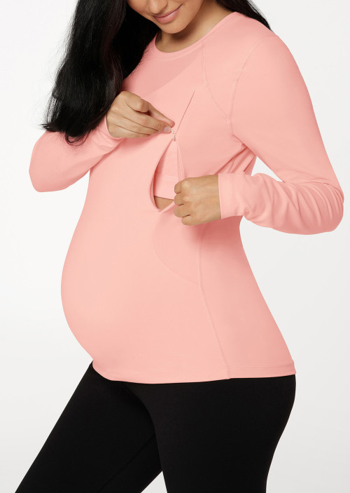 maternity long-sleeved workout top is made of soft fabric with a chest zipper designed