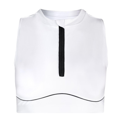 This powerful shaping zipper sports bra provides elasticity, moisture-wicking, and quick-drying properties.