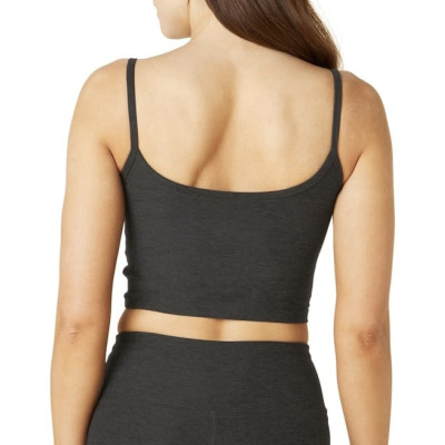 Yoga tank top has functional front chest wrinkles and an adjustable length that can be cut or extended to a long-line bra