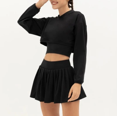 Women 2 Piece Outfits Skirts Sets Long sleeve Crop Top and  High Waisted Skirt set, workout clothes set