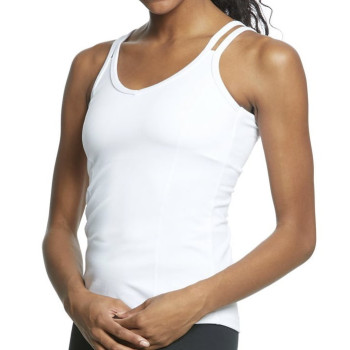 The women's yoga tank includes an internal shelf bra with an elastic banded back