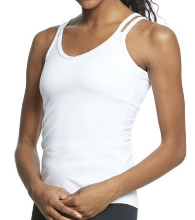 The women's yoga tank includes an internal shelf bra with an elastic banded back