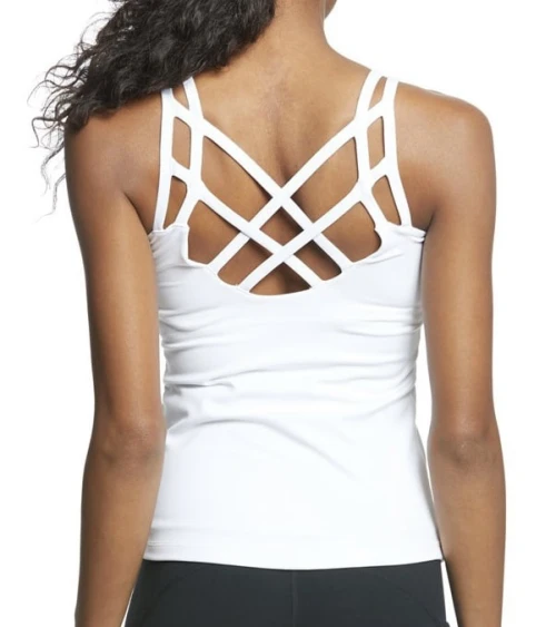 The women's yoga tank includes an internal shelf bra with an elastic banded back