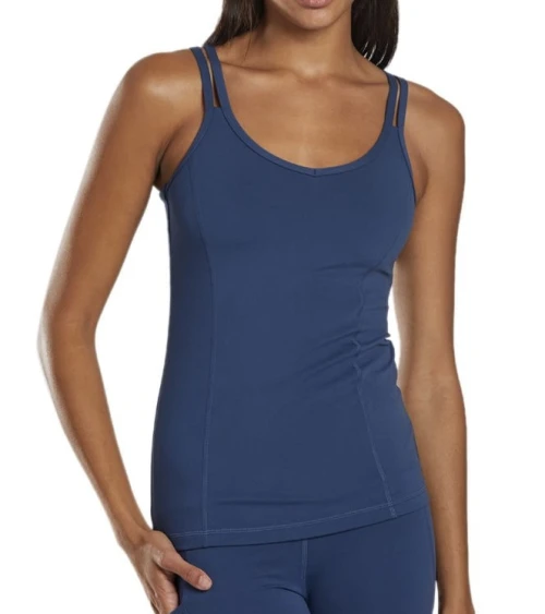 The women's yoga tank includes an internal shelf bra with an elastic banded back