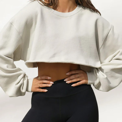 Women's  Long Sleeve Tops Crew Neck Round Hem Loose T-Shirts Cotton Crop Top