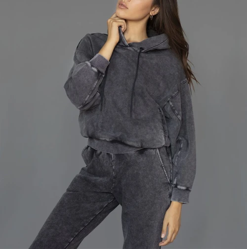 Custom denim color hooded sweatshirts for women hoodies with kangaroo pockets cotton loungewear