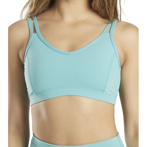 Women's sports bra with V-neckline and open back strap construction.