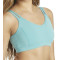 Women's sports bra with V-neckline and open back strap construction.