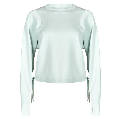 Women's crew neck sweatshirt with loose fit, elasticized hem and adjustable ties