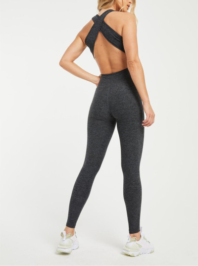 Women Racerback Sleeveless Full Length Yoga Jumpsuit Front Seam Detail Stretchy Workout Bodysuit