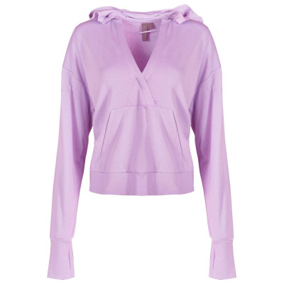 Women's loose hoodie featuring kangaroo pockets. Slightly dropped sleeves