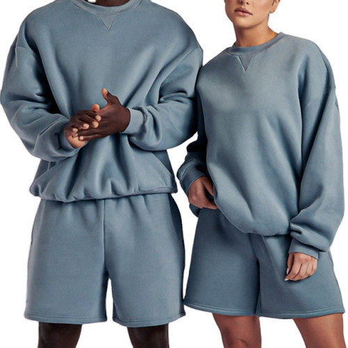 Unisex Sweatsuit Casual 2 Piece Outfits Letter Graphic Crewneck Sweatshirt and Shorts Set