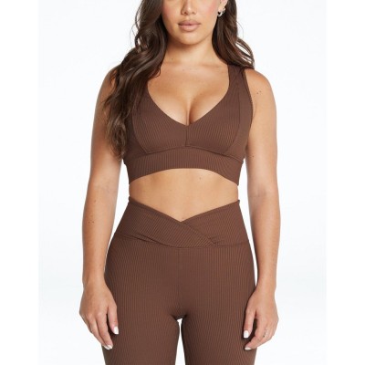 Custom ribbed v neck sports bra supportive padded racerback yoga bra