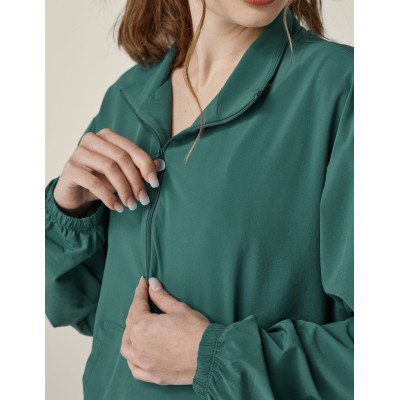 Women's sport zipper pullover, half-zip front, elasticized cuffs and sleeve bands, kangaroo pocket, classic length
