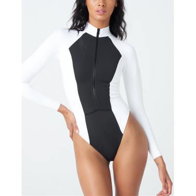 Color block long sleeve surfwear with zippers one piece swimwear