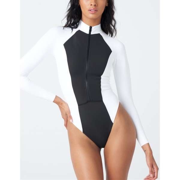 Color block long sleeve surfwear with zippers one piece swimwear