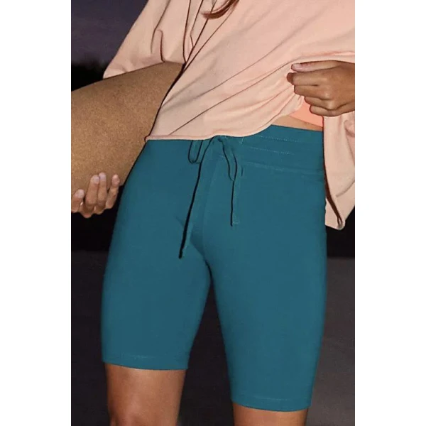 Women's cycling shorts with a high-waisted, flattering fit, made of soft cotton spandex fabric with a stretchy feel, wide elastic waistband with adjustable drawstring