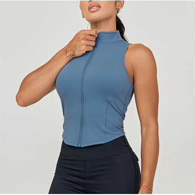High neck zipper up yoga crop for women full coverage padded tank tops