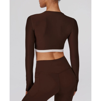 Custom padded long sleeve yoga top with thumb hole crew neck cropped gym top