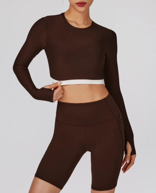 Custom padded long sleeve yoga top with thumb hole crew neck cropped gym top