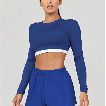 Custom padded long sleeve yoga top with thumb hole crew neck cropped gym top