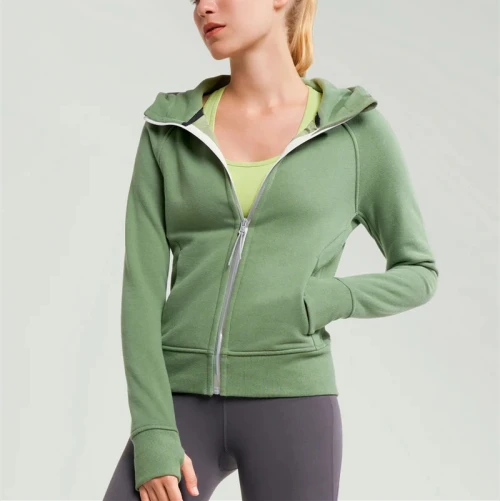 Knit zip hoodies zipper up cotton jackets with thumb holes