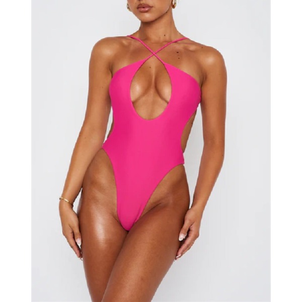 Custom cross neck sexy hot pink one piece swimwear