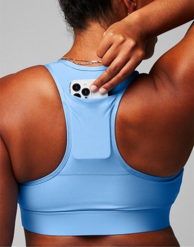Custom scoop neck racerback sports bra with back phone pockets