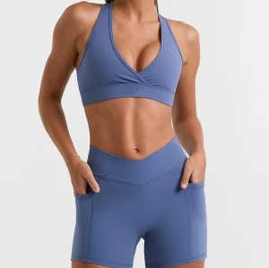 Crisscross no front seam yoga shorts with side pockets high waisted booty shorts