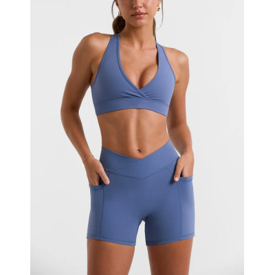 Crisscross no front seam yoga shorts with side pockets high waisted booty shorts