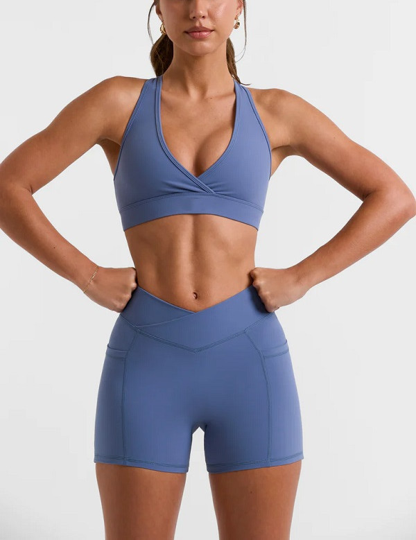 Crisscross no front seam yoga shorts with side pockets high waisted booty shorts